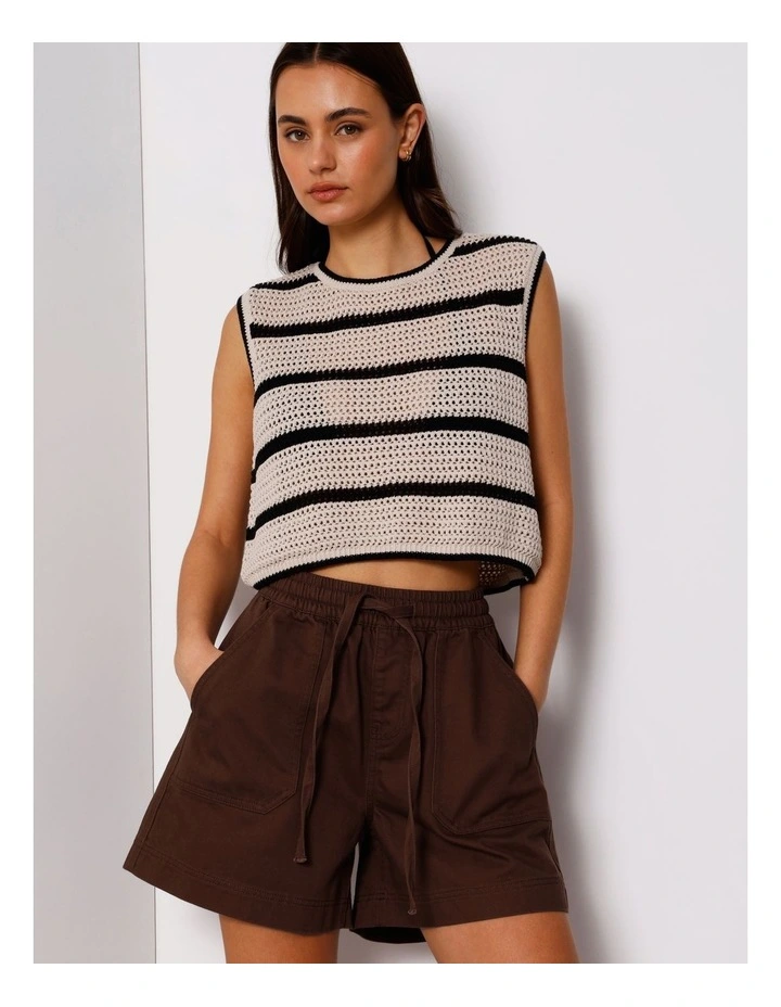 Elastic Waist Lightweight Denim Short in Brown image 1