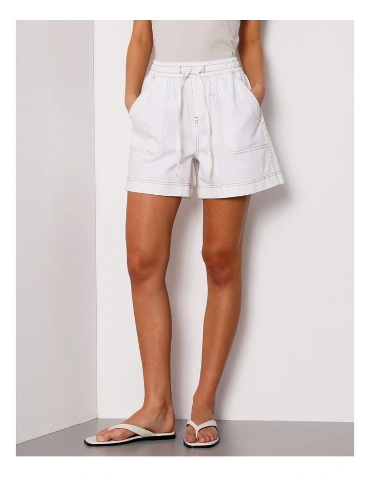 Elastic Waist Lightweight Denim Short in Ecru image 1
