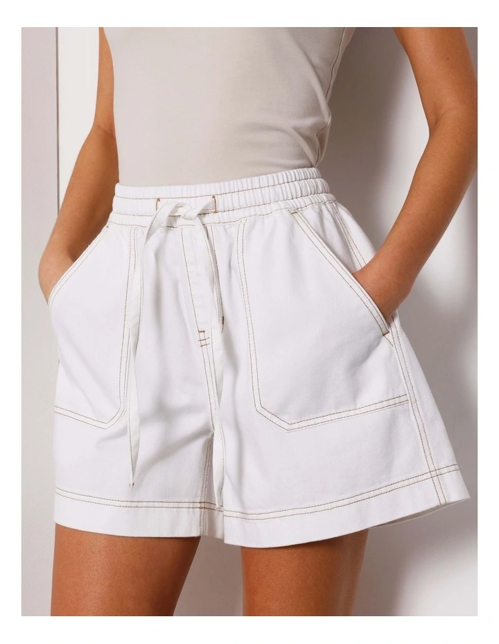 Elastic Waist Lightweight Denim Short in Ecru image 3