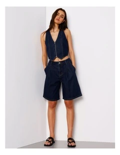 Pleat Front Long Short in Indigo