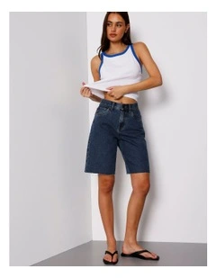 Denim Jort Raw Hem In Dark Vintage Blue