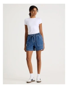 Elastic Waist Lightweight Denim Short in Mid Indigo