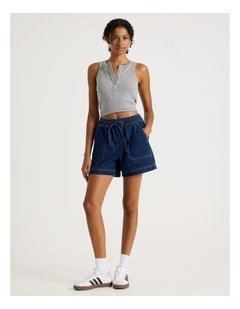 Elastic Waist Lightweight Denim Short in Dark Indigo