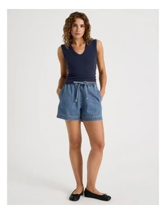 Elastic Waist Denim Short in Blue