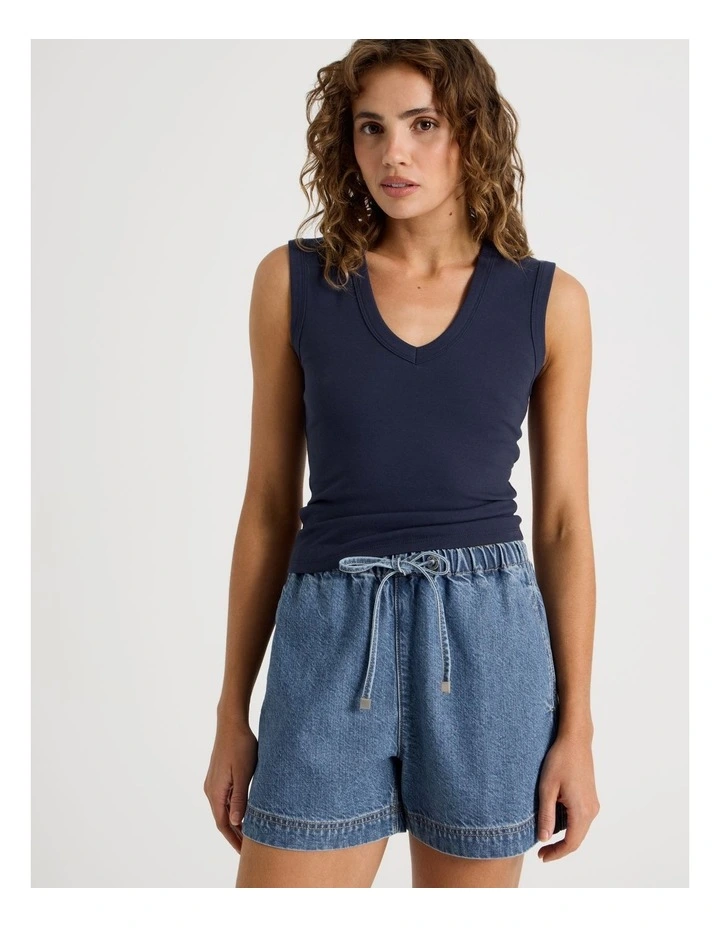 Elastic Waist Denim Short in Blue image 2