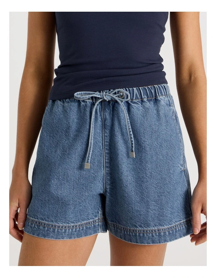 Elastic Waist Denim Short in Blue image 3