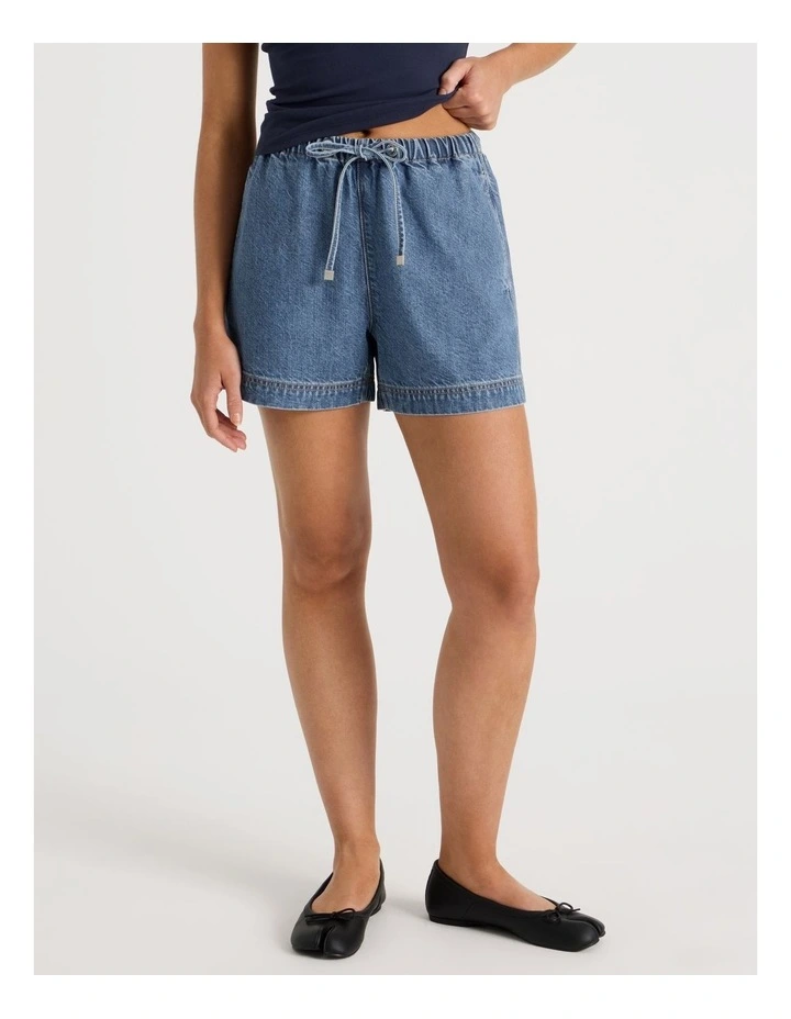 Elastic Waist Denim Short in Blue image 4