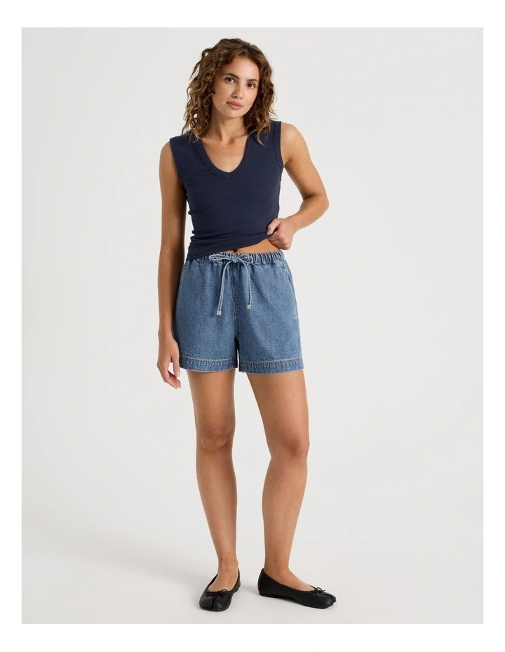 Elastic Waist Denim Short in Blue image 7