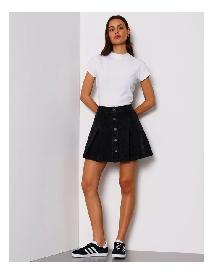 Box Pleat Denim Mini Skirt in Washed Black image 1