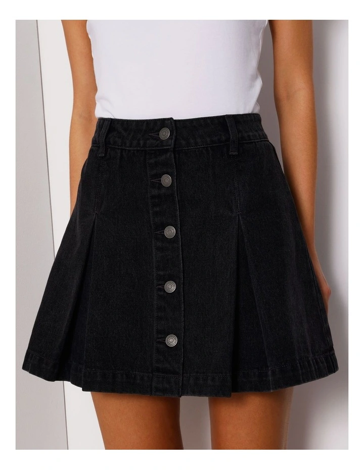 Box Pleat Denim Mini Skirt in Washed Black image 2