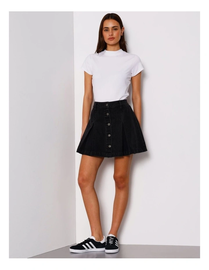 Box Pleat Denim Mini Skirt in Washed Black image 3