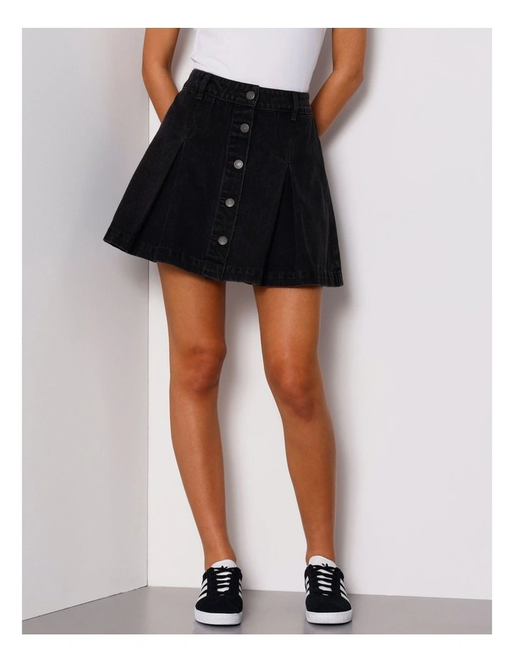 Box Pleat Denim Mini Skirt in Washed Black image 4