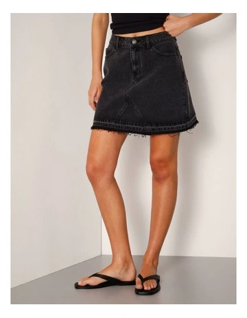 Let Down Hem Denim Mini Skirt In Washed Black