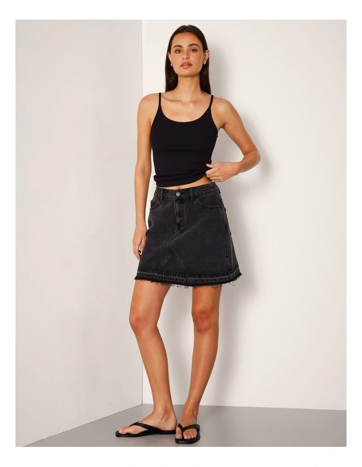 Let Down Hem Denim Mini Skirt In Washed Black image 2