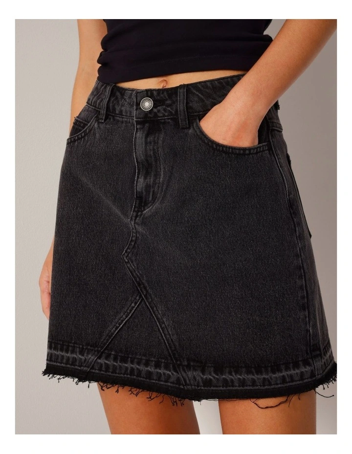 Let Down Hem Denim Mini Skirt In Washed Black image 3