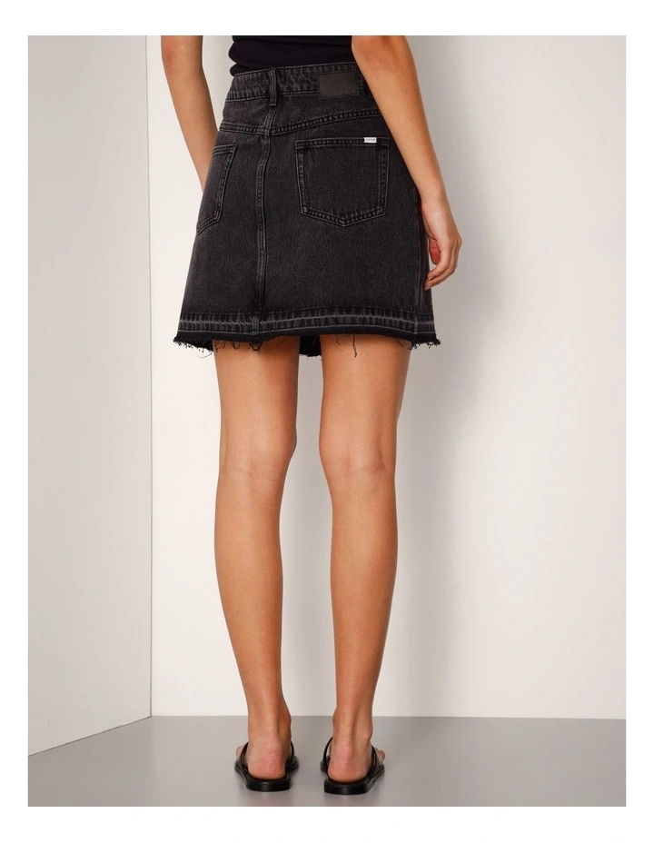 Let Down Hem Denim Mini Skirt In Washed Black image 4