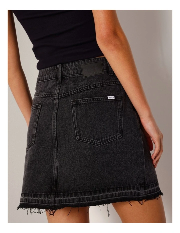 Let Down Hem Denim Mini Skirt In Washed Black image 5