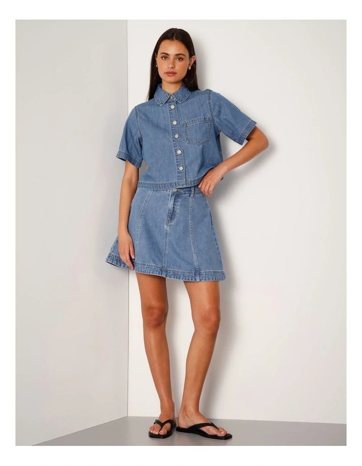 Denim Panel A-line Mini Skirt In Bright Blue image 2