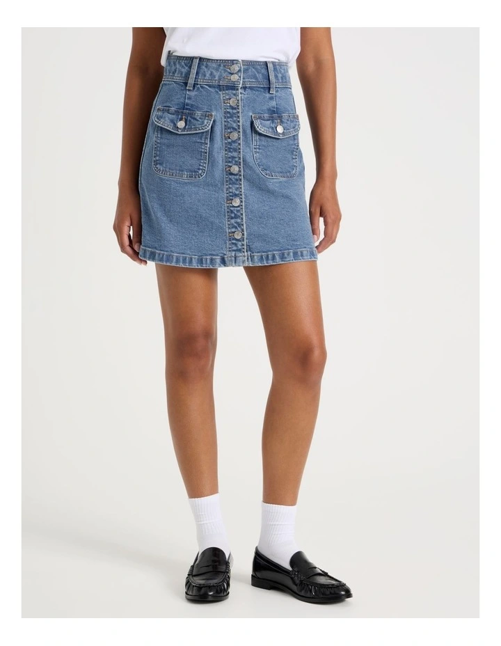 Button Front A-Line Skirt in Light Indigo image 2