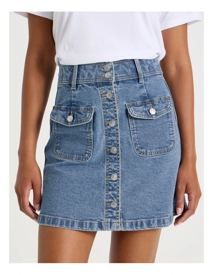 Button Front A-Line Skirt in Light Indigo image 4
