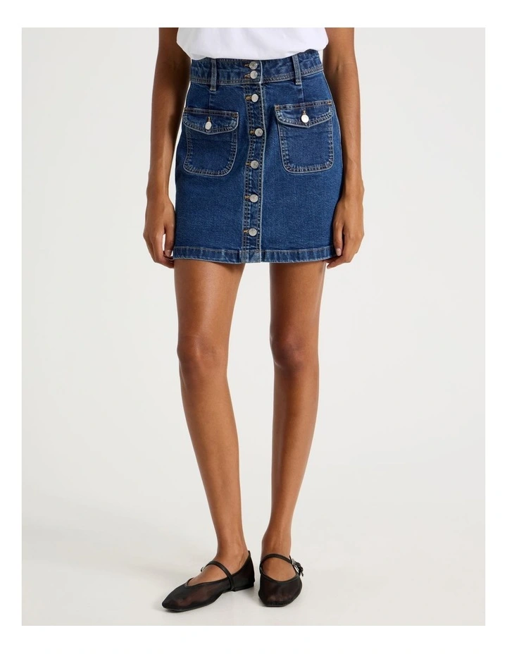 Button Front A-Line Skirt in Medium Indigo image 2