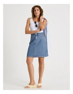 Knee Length Striped Denim Skirt in Blue