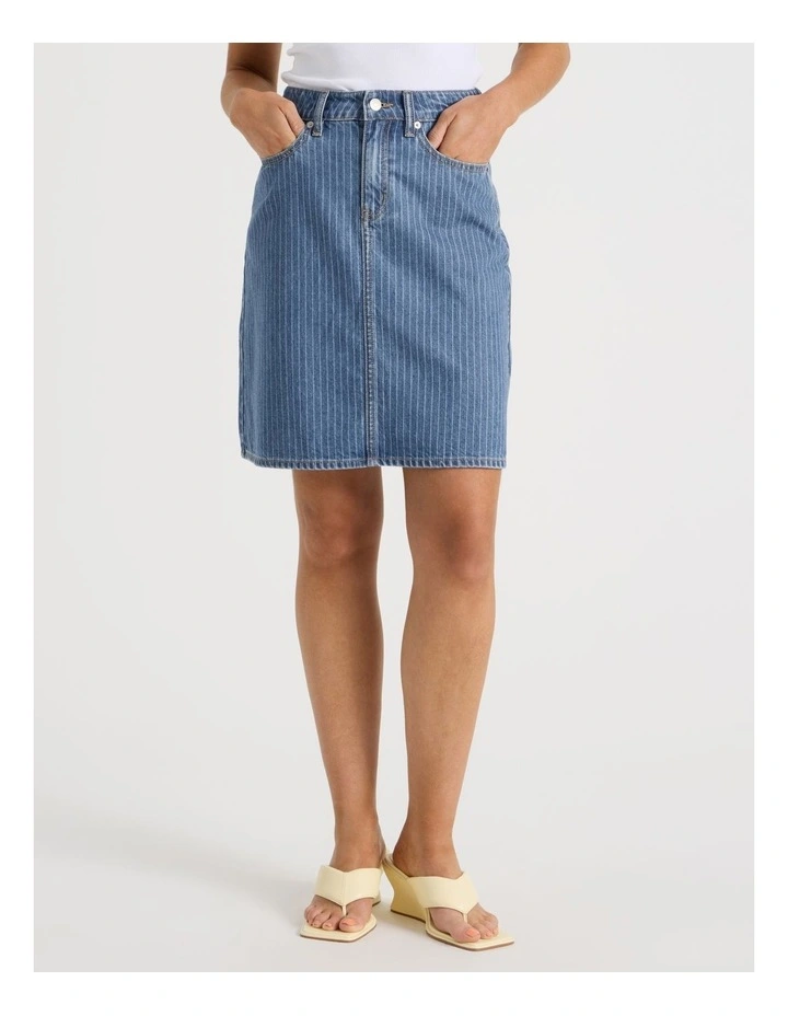 Knee Length Striped Denim Skirt in Blue image 2