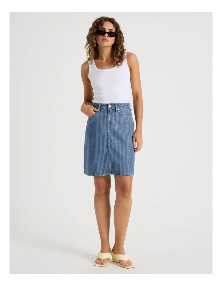 Knee Length Striped Denim Skirt in Blue image 3