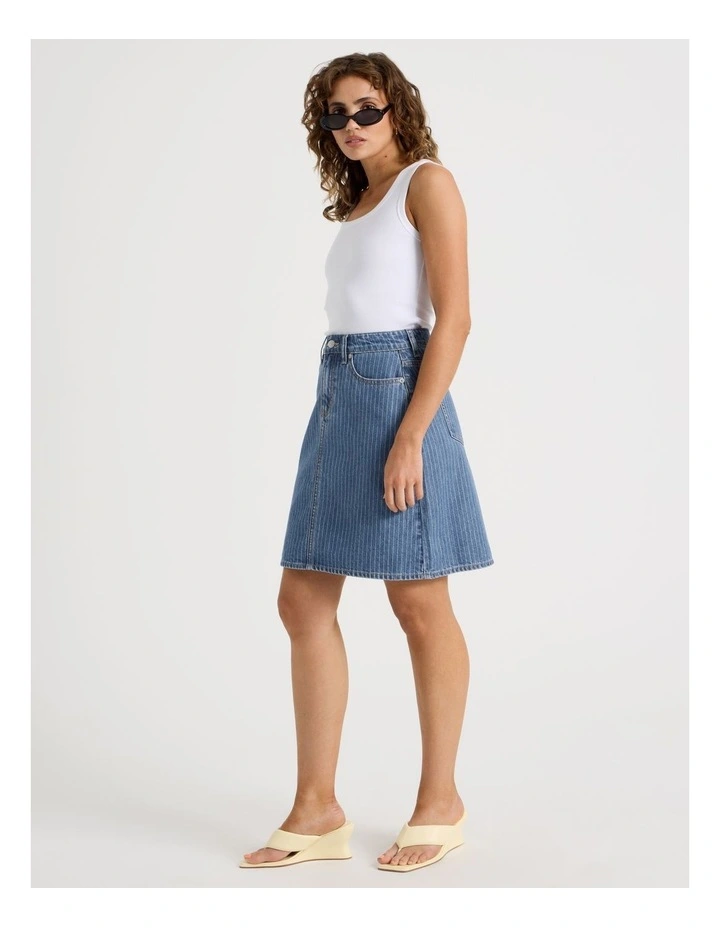 Knee Length Striped Denim Skirt in Blue image 5