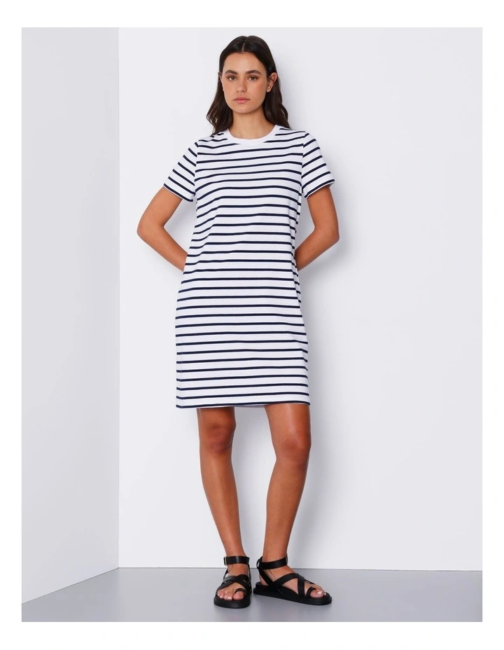 Organic Short Sleeve Jersey Mini Dress in White/ Navy Stripe image 1