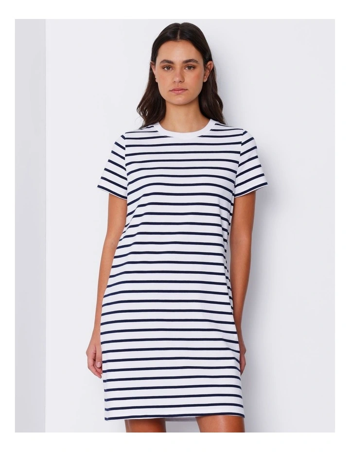 Organic Short Sleeve Jersey Mini Dress in White/ Navy Stripe image 2