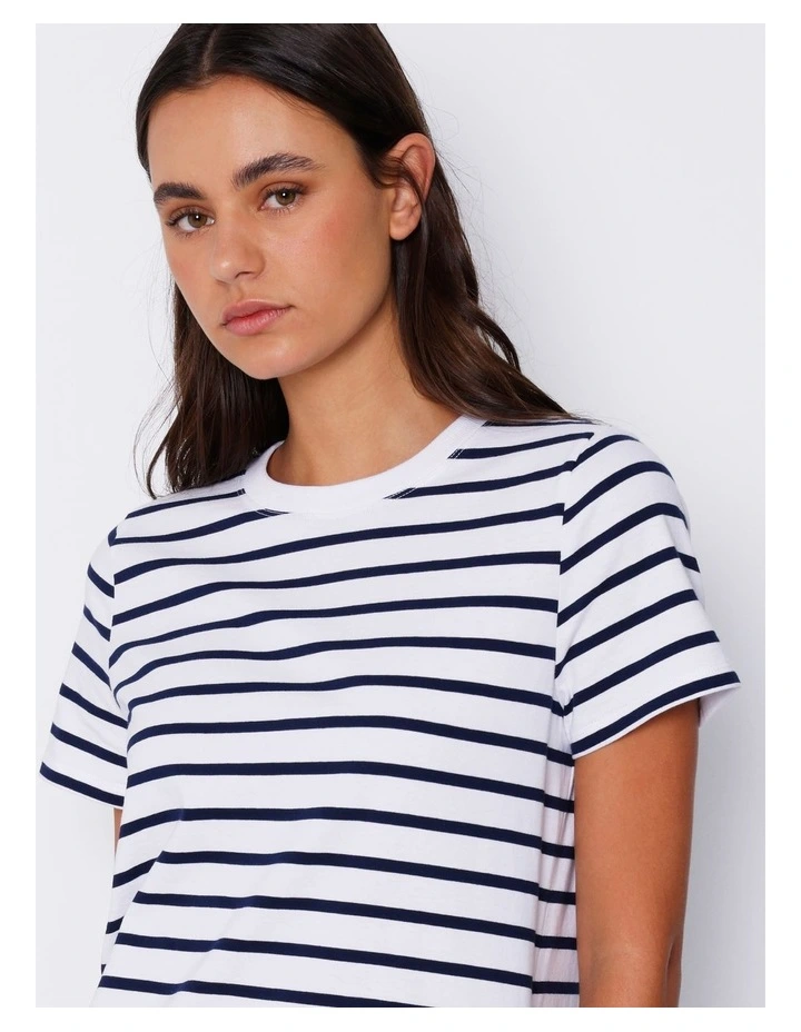 Organic Short Sleeve Jersey Mini Dress in White/ Navy Stripe image 3
