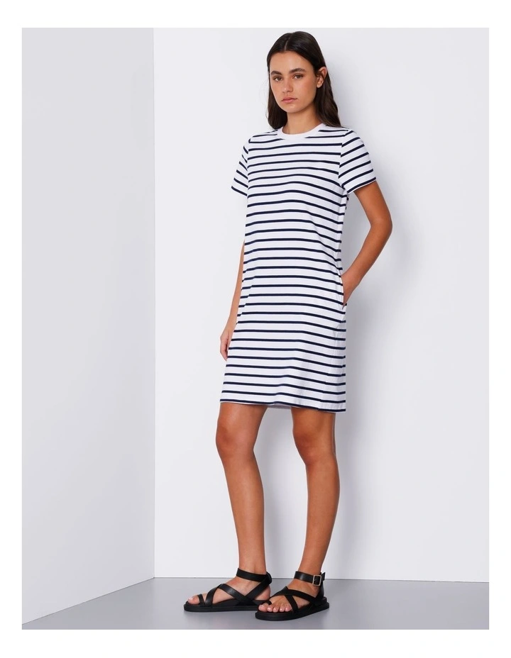 Organic Short Sleeve Jersey Mini Dress in White/ Navy Stripe image 4