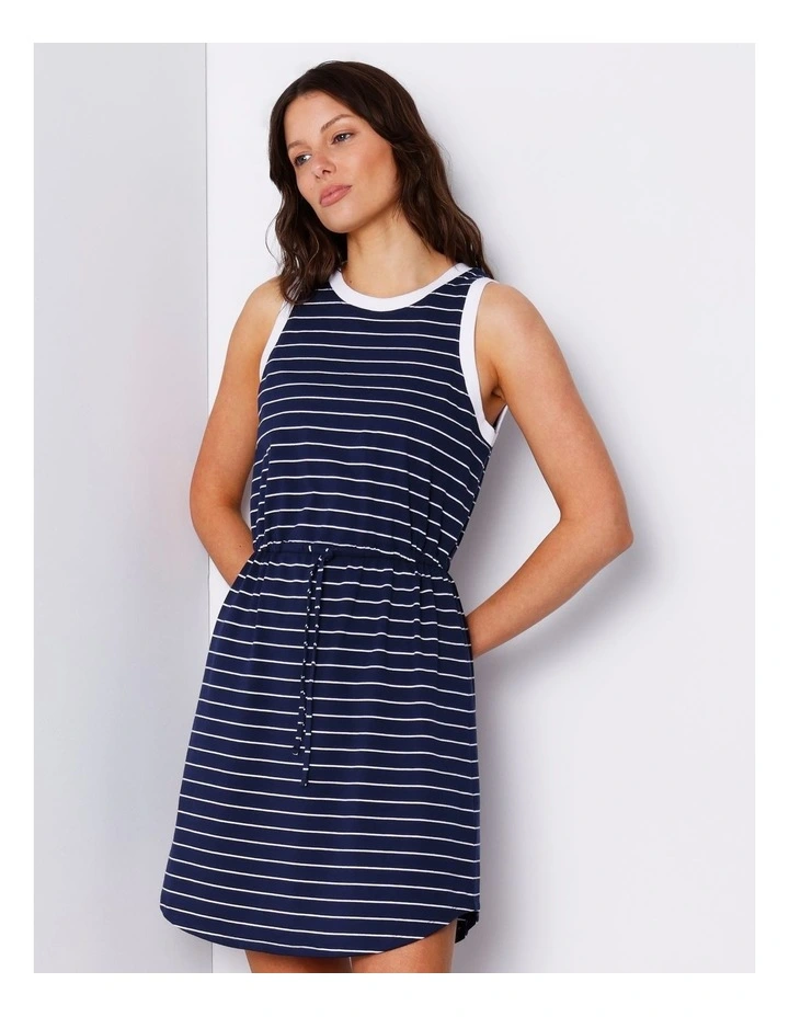 Organic Elastic Waist Tank Dress in Navy/ White Stripe image 1