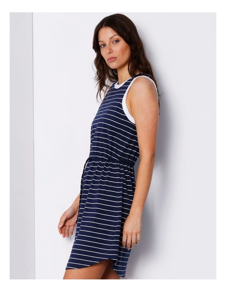Organic Elastic Waist Tank Dress in Navy/ White Stripe image 2