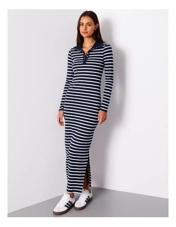 Organic Blend Henley Collard Maxi Dress in Navy/White Stripe