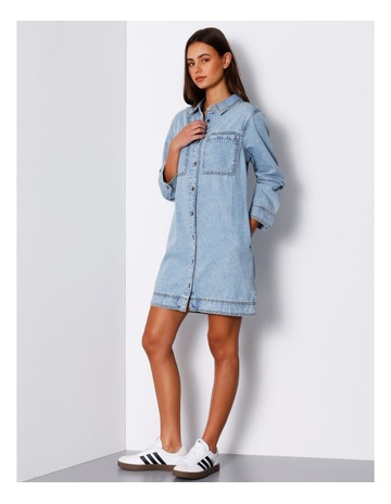 Denim Long Sleeve Mini Shirt Dress in Light Blue