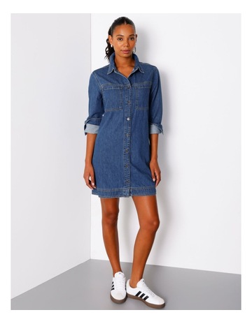 Denim Long Sleeve Mini Shirt Dress in Mid Blue