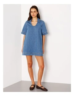 Denim Tunic Mini Dress in Bright Blue