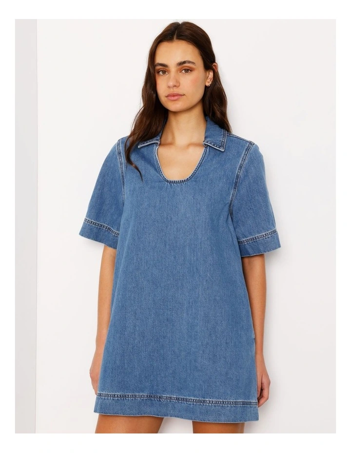 Denim Tunic Mini Dress in Bright Blue image 2
