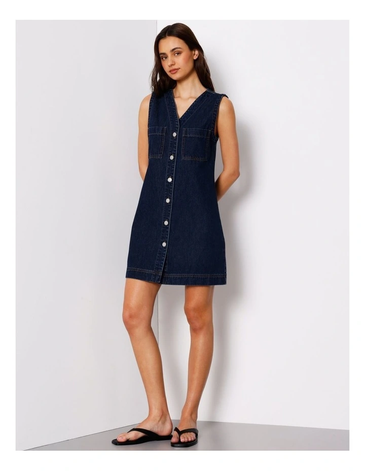 Sleeveless Button Through Shift Dress in Indigo image 2