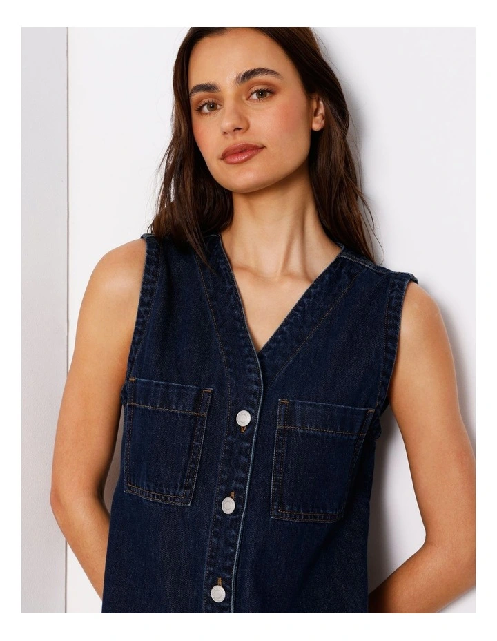 Sleeveless Button Through Shift Dress in Indigo image 3