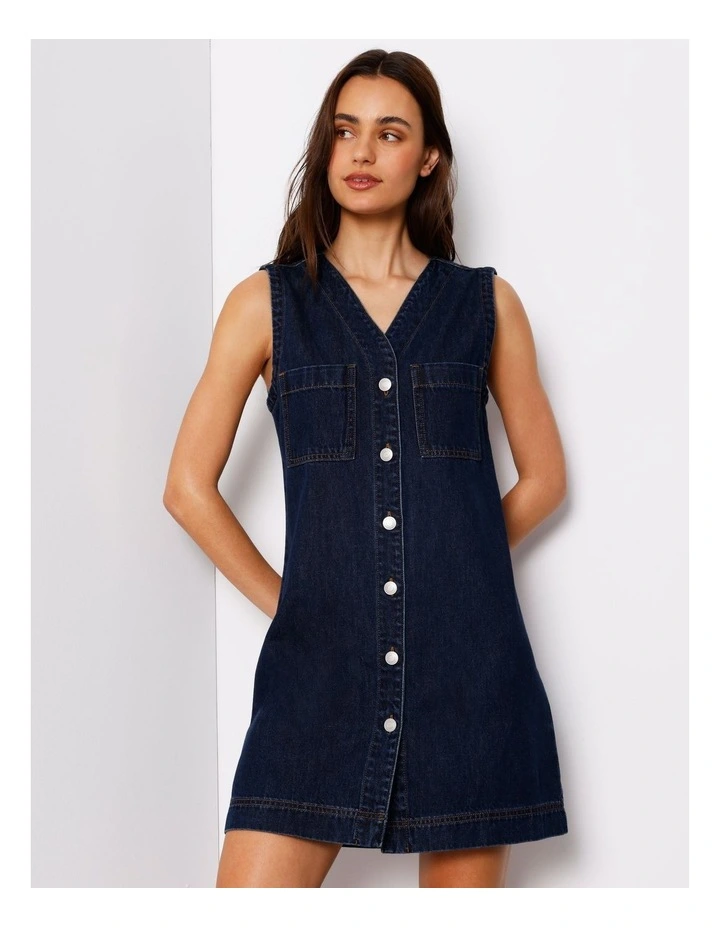 Sleeveless Button Through Shift Dress in Indigo image 4