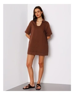 Denim Tunic Mini Dress in Brown