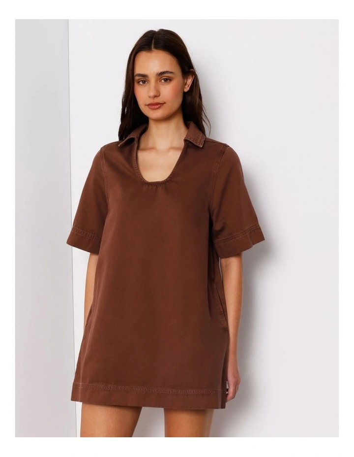 Denim Tunic Mini Dress in Brown image 3