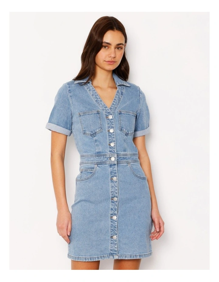 Button Through Denim Mini Dress in Surf Blue image 1