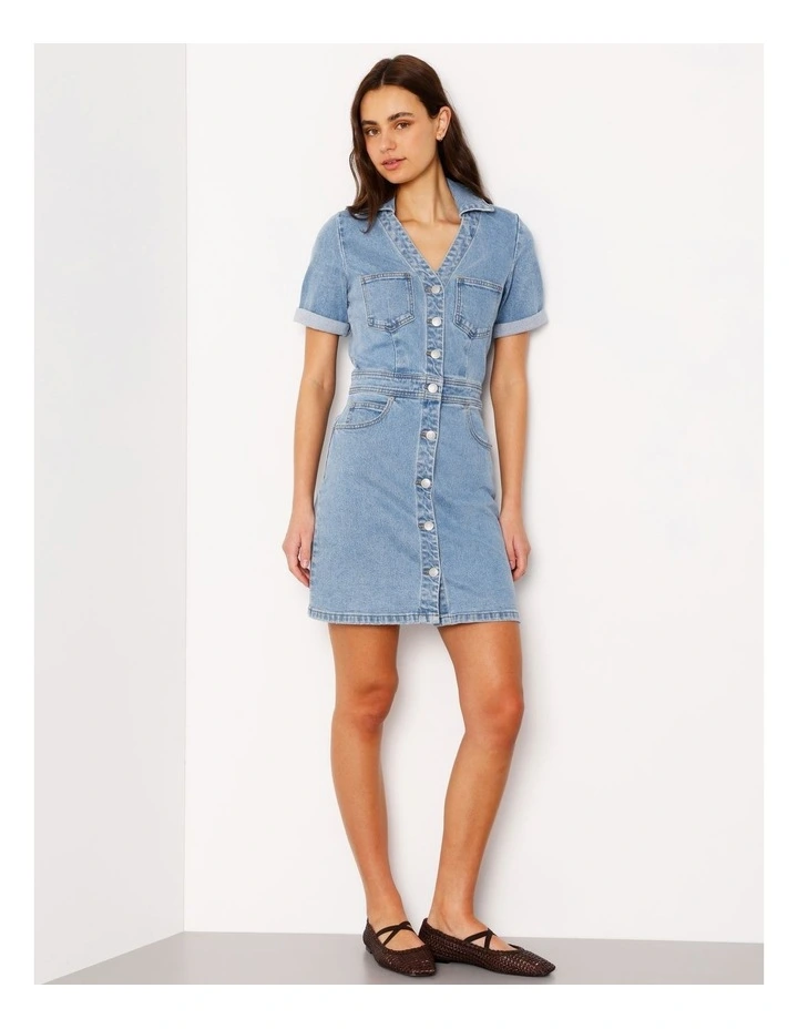 Button Through Denim Mini Dress in Surf Blue image 2