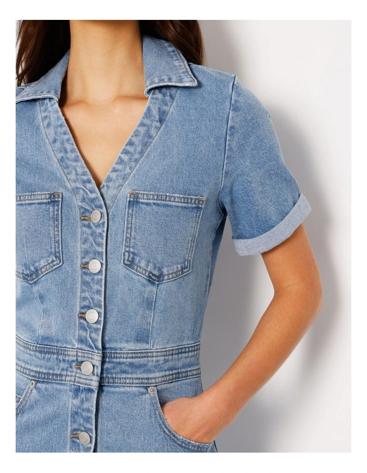 Button Through Denim Mini Dress in Surf Blue image 3