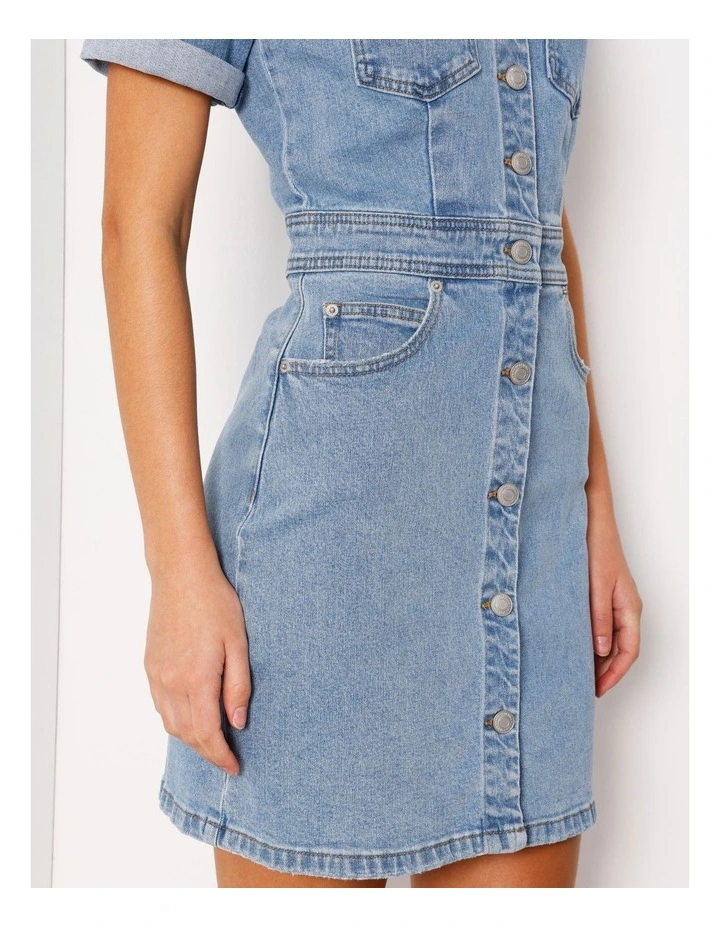 Button Through Denim Mini Dress in Surf Blue image 4