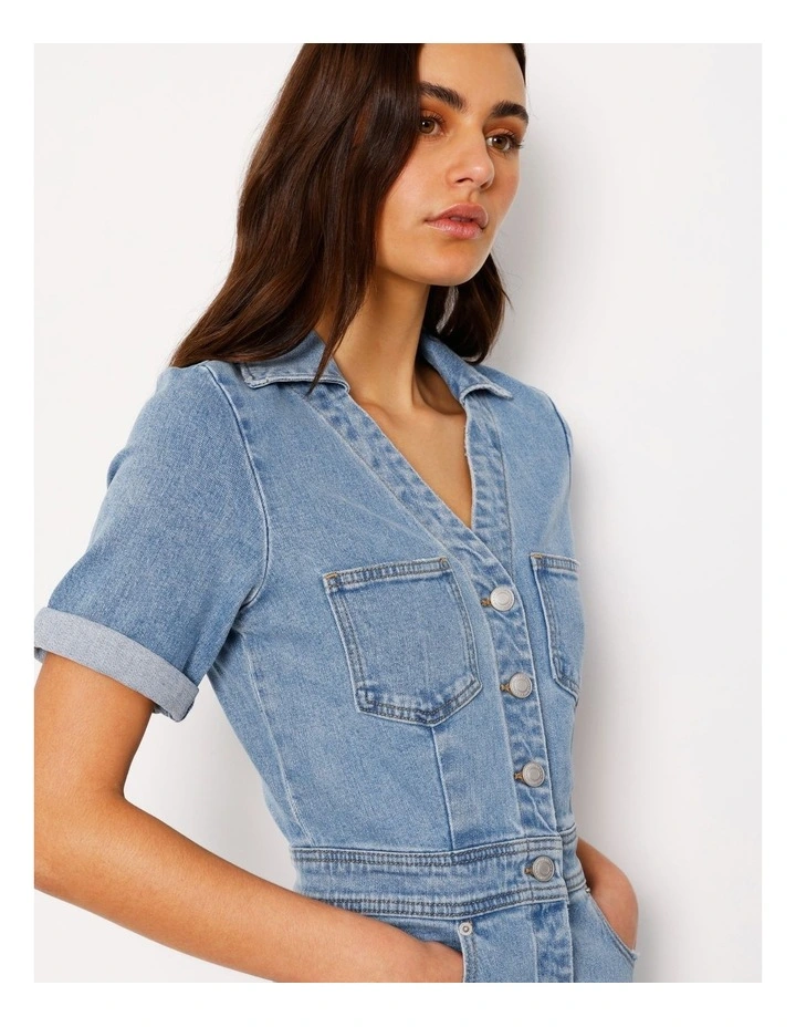 Button Through Denim Mini Dress in Surf Blue image 5